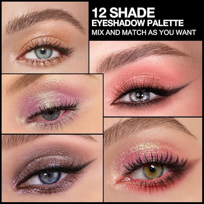 Twelve Eye Shadow Palette, Pink Red Brown Bronze Black Green Champagne Gold Rose Gold Eyeshadow Palette Makeup, Highly Pigmented Pressed Powder,Blendable Matte and Shimmer for Woman girls Eyes 03
