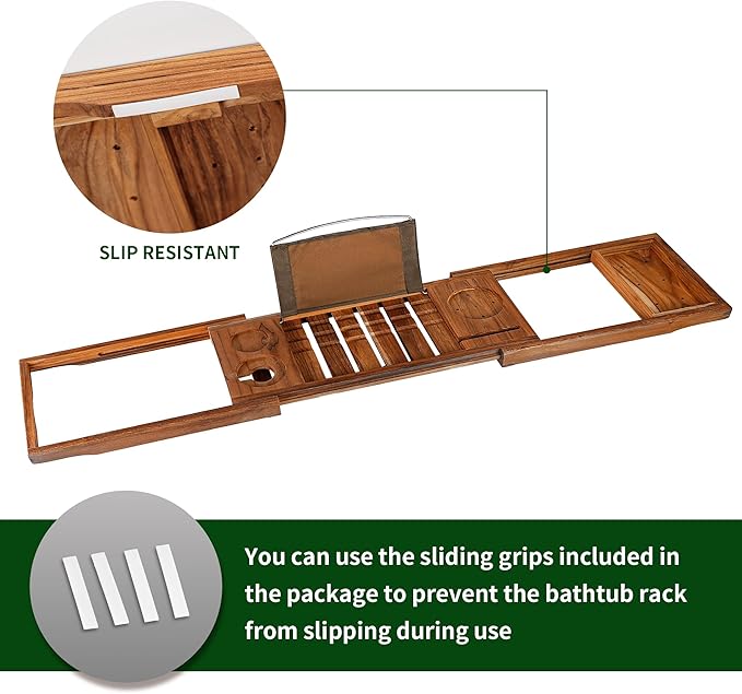 VaeFae Premium Teak Bathtub Tray, Expandable Wooden Bath Tray for Tub, Luxury Bathtub & Bathroom Accessories, Great House Warming, Anniversary & Wedding and Birthday Gifts (Free Teak Body Brush)