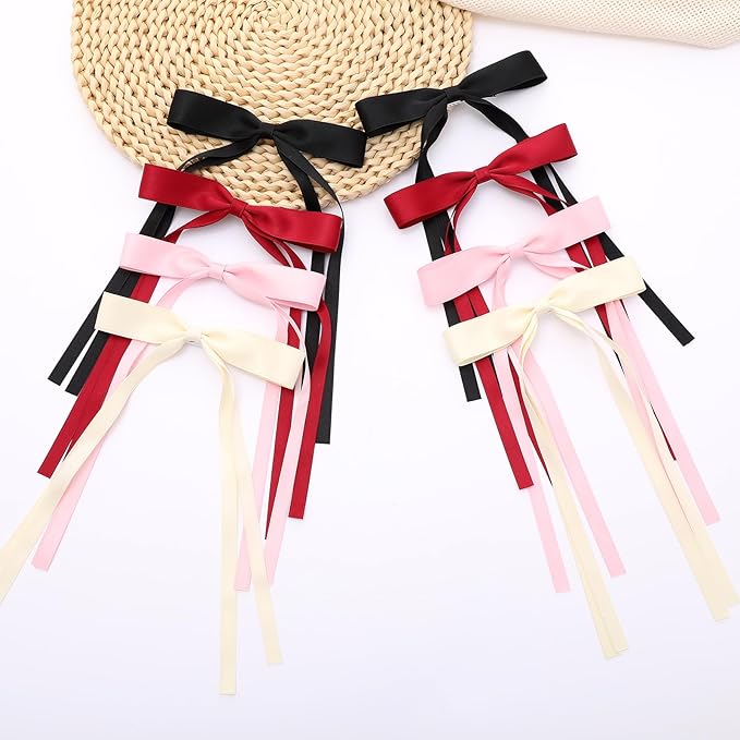 Hair Bows for Women,Ribbon Hair Bows With Long Tail,Hair bow clips Hair Barrettes for Women Accessories (Black, Beige, Pink, Red)
