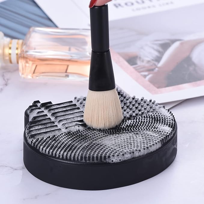 Silicon Makeup Brush Cleaner Mat with Brush Drying manual Make up cleaner cleanser machine Cosmetic Cleaning Pad+Makeup Dry Cleaned Quick Color Removal Sponge Scrubber Tool(Black)
