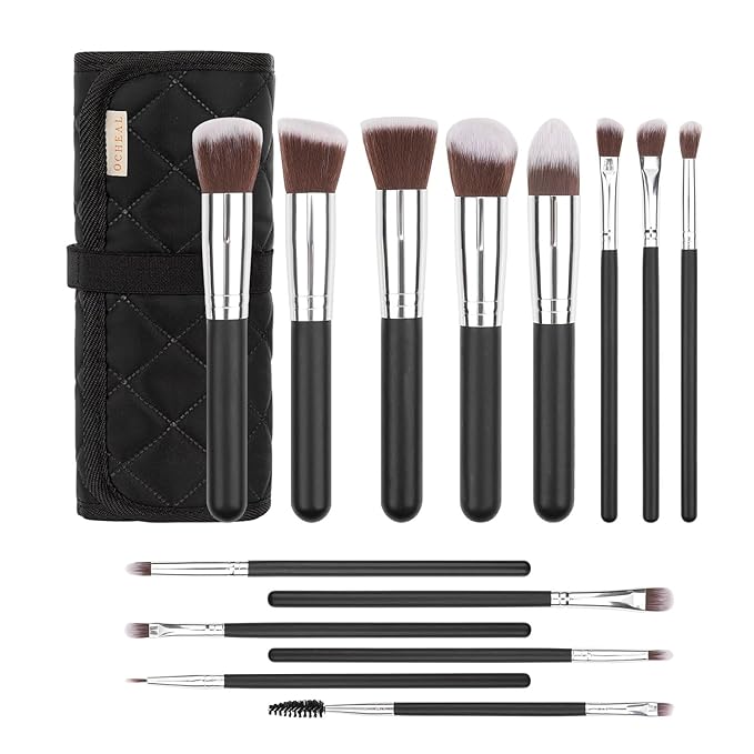 OCHEAL Makeup Brush Set with Holder & Travel Pouch | Professional Makeup Brush Organizer Kit for Women & Makeup Artists | Includes 14-Piece Cosmetic Brushes and Storage Case-Black