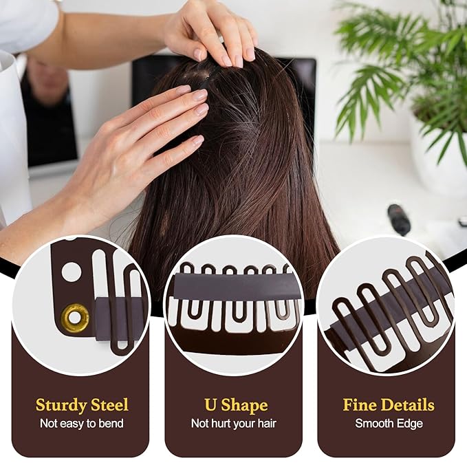 25Pcs Hairpieces Snap Clips U Shape Wig Clips for Hair Extensions Making Wig Accessories Set Tools (Brown)