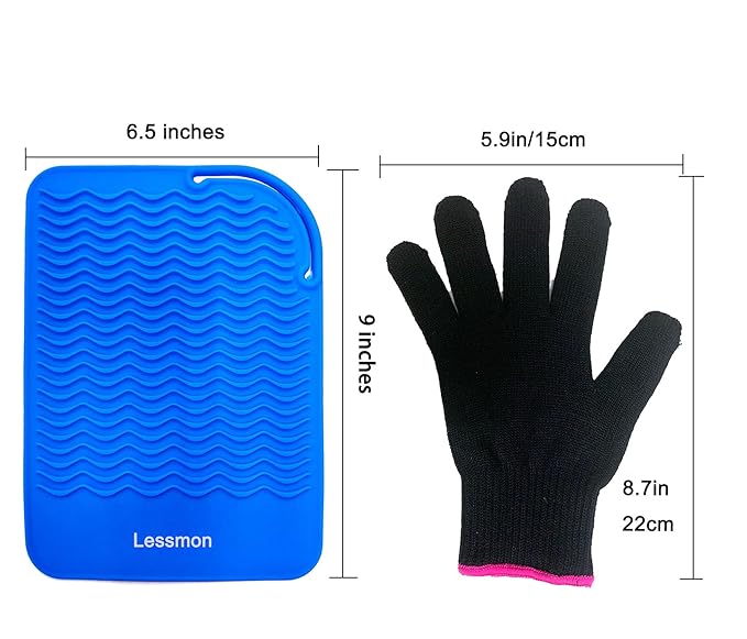 Heat Resistant Mat Pad and Heat Resistant Glove for Curling Irons, Hair Straightener, Flat Irons and Hair Styling Tools 9" x 6.5", Blue by Lessmon