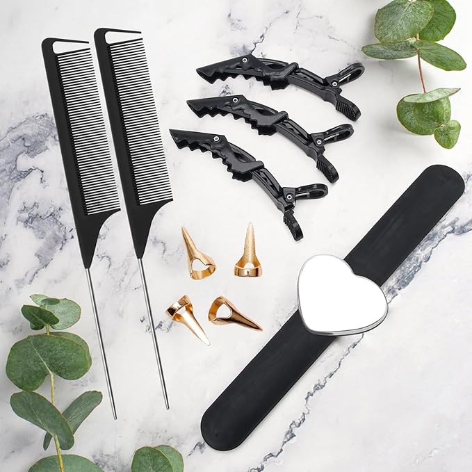 17 Pieces Hair Parting Tools Set Heart, Included 8P Hair Parting Ring 2P Metal Rat Tail Comb 6P Hair Sectioning Clip with 1P Magnetic Wrist Sewing Pin Holder for Braiding (Black)