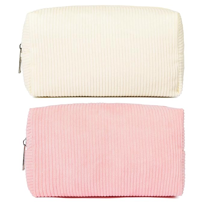 2 Pieces Makeup Bag Corduroy Cosmetic Bag White Pink Makeup Pouch Travel Toiletry Bag Organizer Cute Makeup Brushes Storage Bag for Women