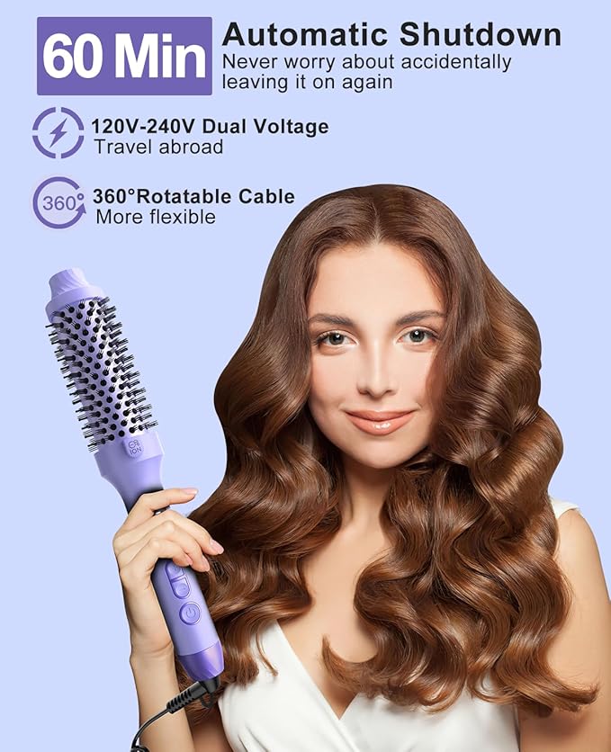 Nimmu 1.5 inch Heated Round Brush - Hot Brush Styler with 10 Temperature Control, Dual Voltage for Travel, Purple