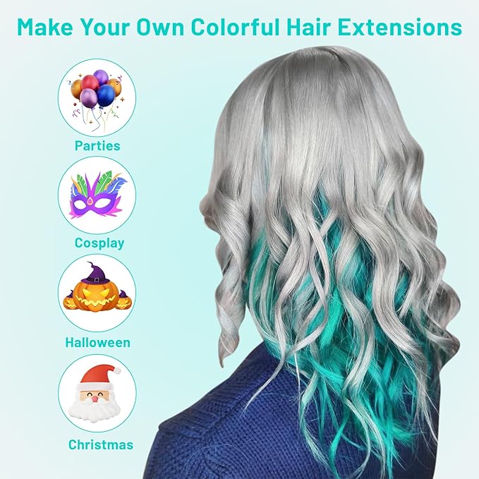 16 Pcs Colored Hair Extensions Curly Wavy Clip in Synthetic Hair Extensions,Colorful Party Highlights Hairpiece Streak for Girls Women Kids(Teal Blue)