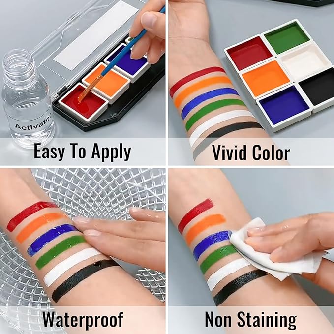 12 Colors Alcohol Activated SFX Makeup Paint Palette, Professional Waterproof Sweatproof Face and Body Paint,Long Lasting Special Effect Makeup Use for Cosplay, Theatre, Film