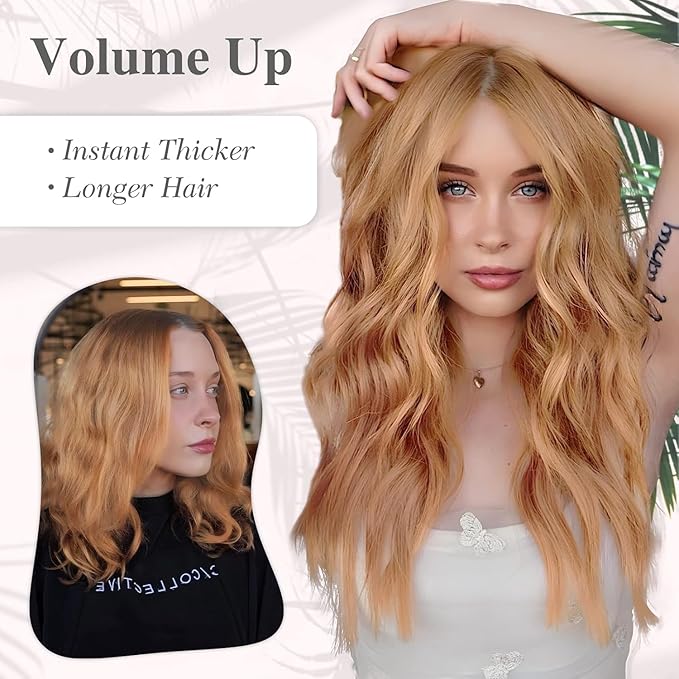 MORICA Invisible Wire Hair Extensions - 20 Inch Copper Brown Long Wavy Synthetic Hairpiece with Transparent Wire Adjustable Size, 4 Secure Clips for Women