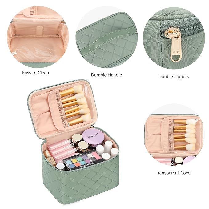 OCHEAL Makeup Bag, Large Capacity Travel Make Up Bag for Cosmetics Vertical Storage,Toiletry Bag for Skincare Makeup Organizer Bag-Green Nylon