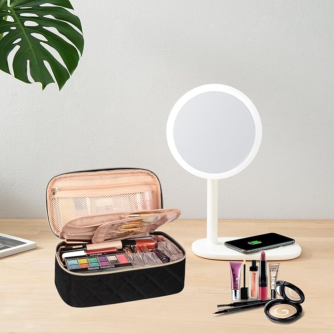 OCHEAL Small Makeup Bag,Portable Cute Travel Makeup Bag Pouch for Women Girls Makeup Brush Organizer Cosmetics Bags with Compartment-Rhombus Black