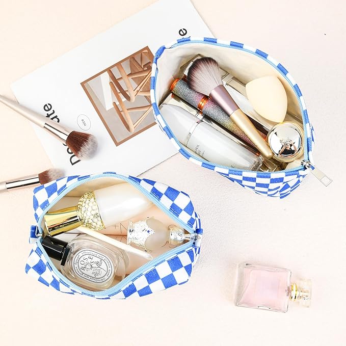 2 Pcs Checkered Makeup Bag Large Cosmetic Bag Toiletry Bag Makeup Pouch Travel Bag Organizer Cute Makeup Brushes Aesthetic Accessories Storage Bag for Women Royal Blue
