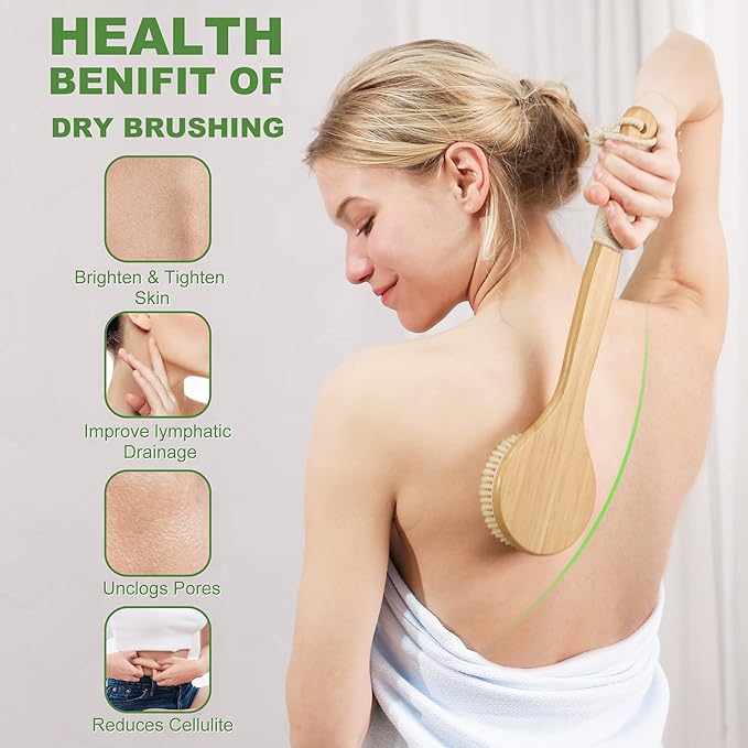 Natural Boar Bristle Dry Brush - Exfoliating Body, Face & Foot Brush, Long Handle Back Scrubber, Meridian Pressure for Lymphatic Drainage & Cellulite