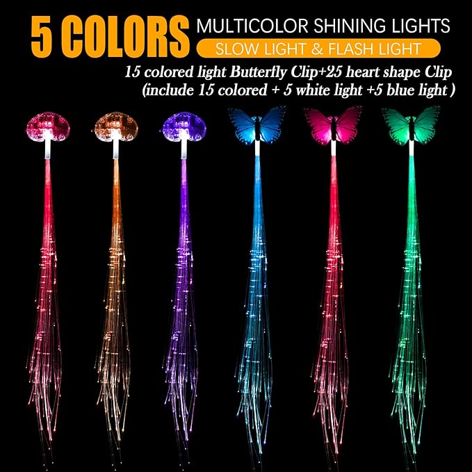 40 Pack Led Light Up Fairy Hair Accessories Braid Extension Butterfly Clips for Women Girls, Glow in the Dark Party Favors Supplies Neon Rave Accessories Wig for Festival Halloween Christmas Birthday