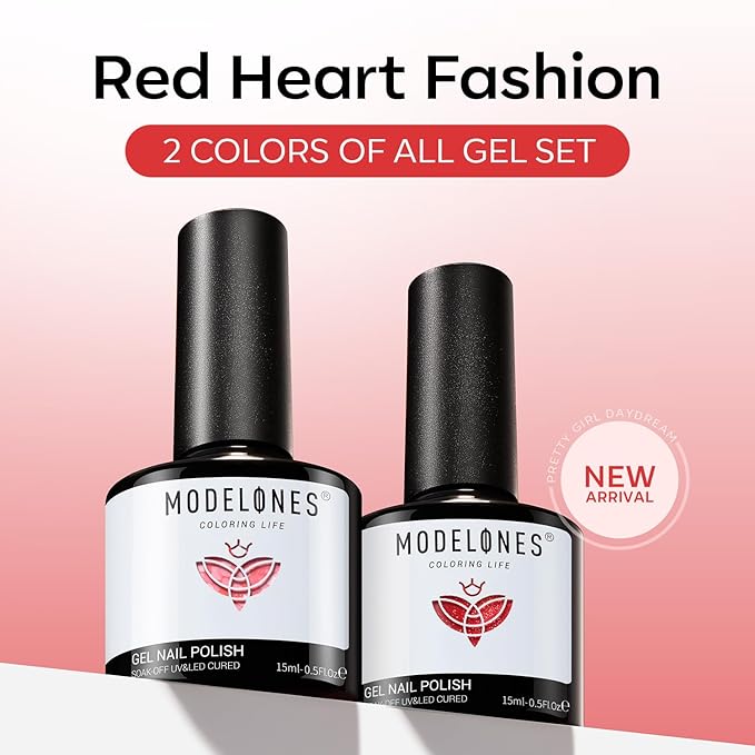 modelones Gel Nail Polish Set 2 Pcs 15 ML Pink Red Gel Polish Hot Pink Red Love-heart Glitter Gel Polish White Shimmer Pink Tones Spring Soak Off LED Nail Art DIY Gift For Women Girl