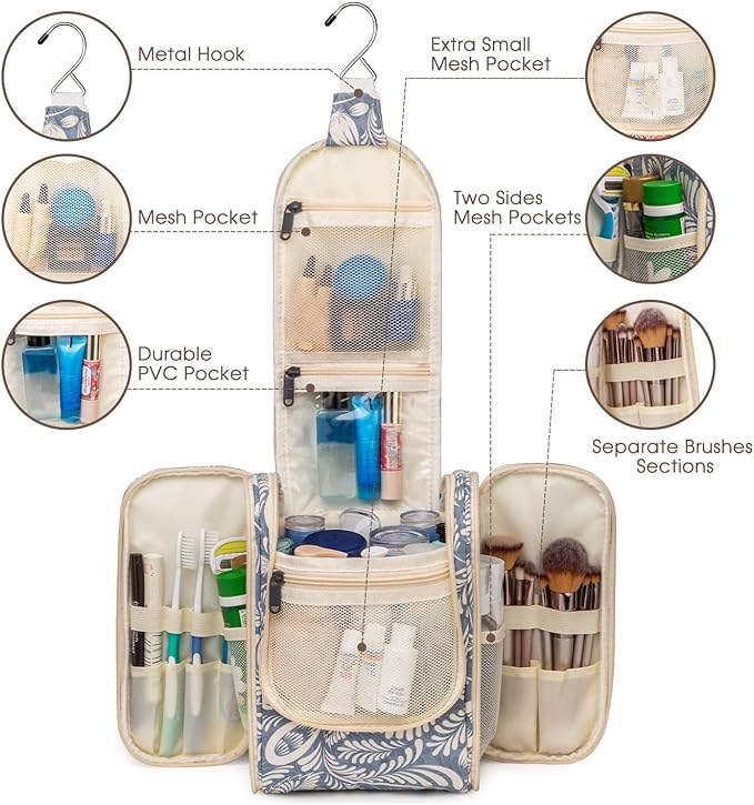 Narwey Small Hanging Toiletry Bag Women Travel Makeup Bag Organizer Toiletries Bag for Travel Size Essentials Accessories Cosmetics (Medium, Blue Leaf)