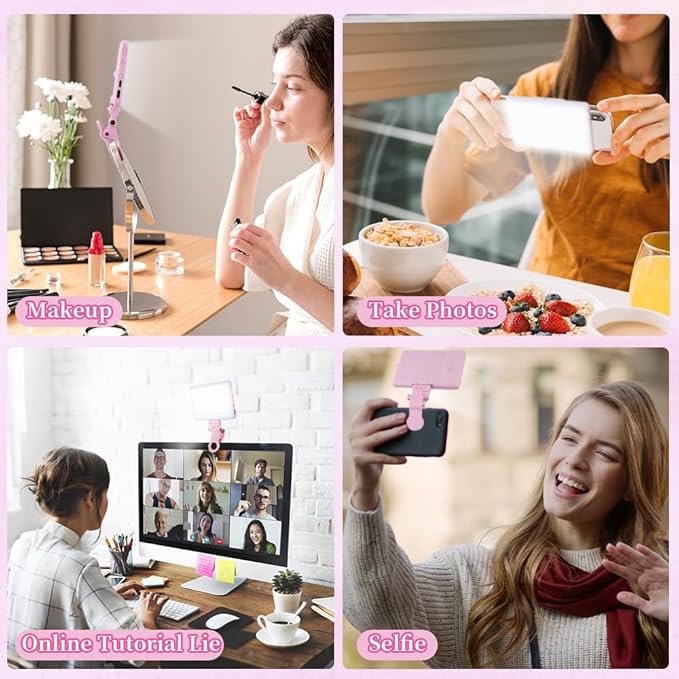Inspack 60 LED Selfie Light for iPhone, with Back Clip & Front, Portable Phone Clip for Tiktok Video Recording, Zoom Calls Lighting Computer, High Power Rechargeable with 3 Light Modes, Pink