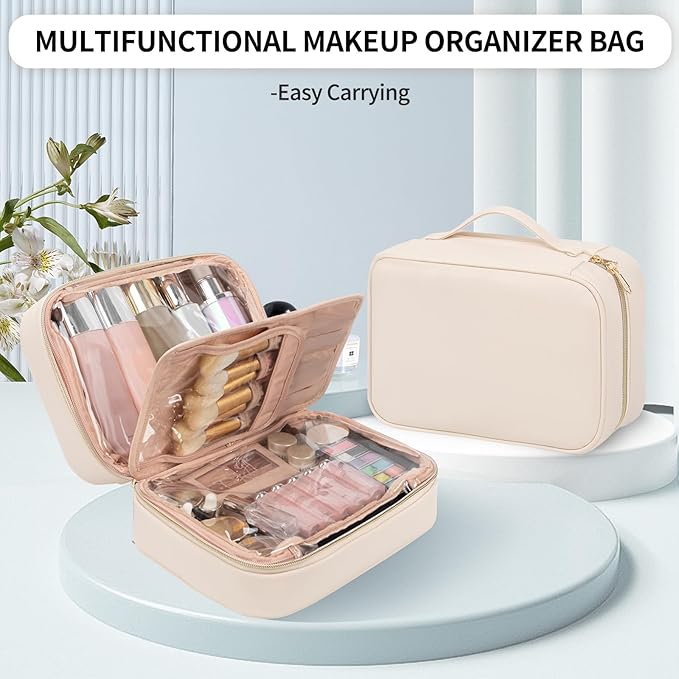 OCHEAL Makeup Bag, Make up Travel Bag Large Capacity Waterproof Cosmetic Organizer Bag with Makeup Brush Compartment & Handle for Women Girls Travel Toiletry Accessories-Beige