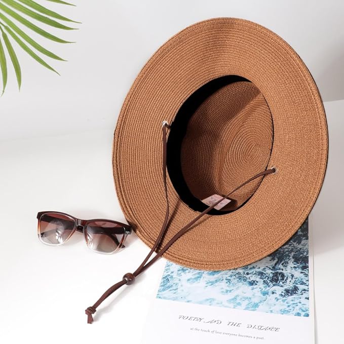 DRESHOW Women Straw Panama Hat Travel Fedora Beach Sun Hat Summer Wide Brim Straw Roll up Hat UPF 50+