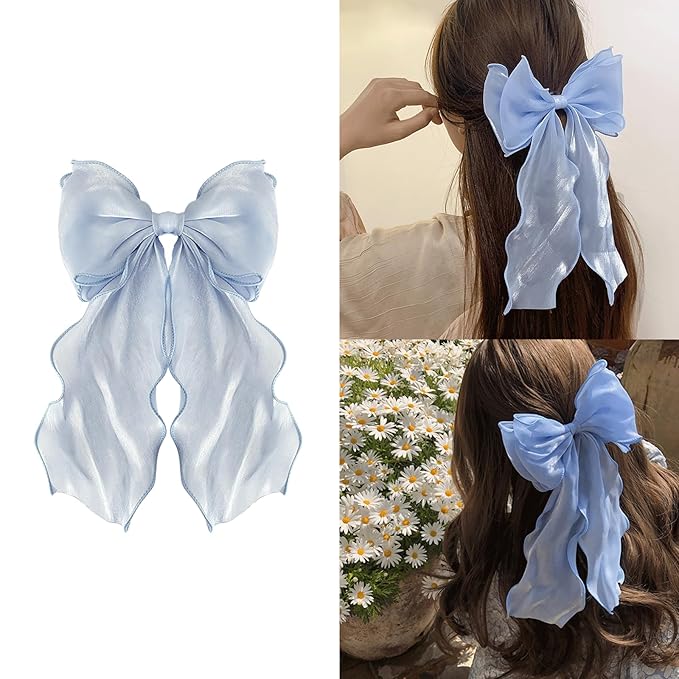 2PCS Large Blue Hair Bows, Chiffon Hair Ribbon Clips, Vintage Ribbon Bows Hair Clips, Oversized Hair Bow Barrettes for Women, Cute Long Tail Hair Bows Hair Styling Accessories