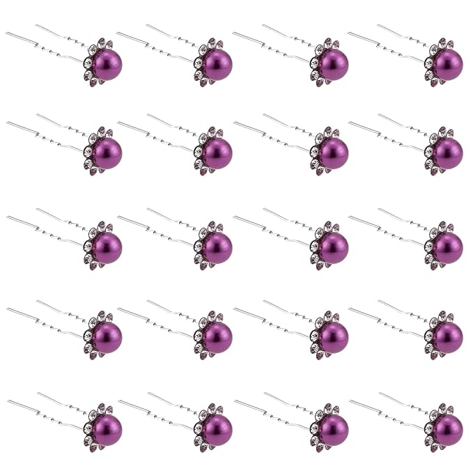 20 Pack (Purple) Pearl Crystal Hair Pins Flower Rhinestone Hair Clips for Bridal Wedding Women Hair Jewelry Accessories, with Clear Container