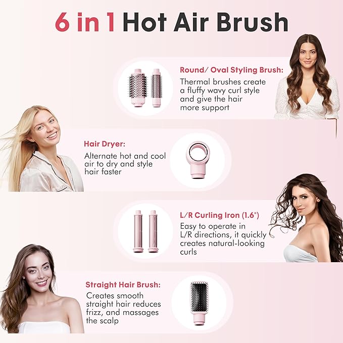 6-in-1 High-Speed Hair Dryer Brush Blow Dryer 110,000 RPM with Interchangeable Heads, Hair Styling Tools for Styling No Heat Damage, Magic Air Wrap Hair Styler, Blowout Thermal Brush Set, Pink