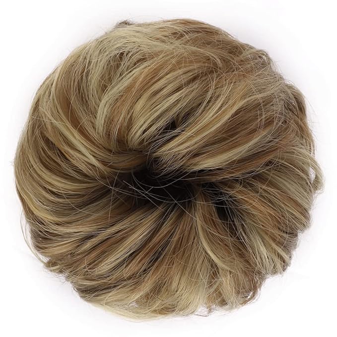 MORICA 1PCS Messy Hair Bun Hair Scrunchies Extension Curly Wavy Messy Bun Hair Synthetic Chignon Hairpieces for Women(Ash Blonde & Lightest Blonde)