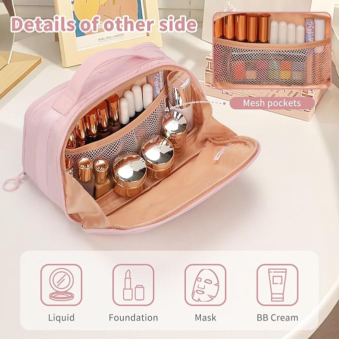 OCHEAL Travel Makeup Bag - Wide Open Cosmetic Bag for Women Make up with Two Compartments, Portable Lightweight Roomy Organizer Toiletry Bag for Girls Skincare tools Accessories-Pink