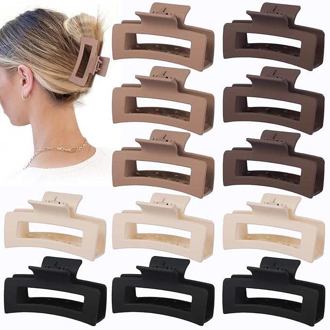 3.5 Inch Medium Hair Claw Clips 12 Pcs Square Claw Clips for Thick and Thin Hair Rectangular Rectangle Hair Clips Jaw Clips Bulk Hair Accessories for women and Girls - Brown