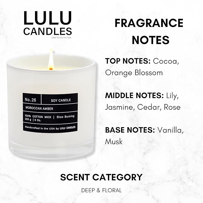 Lulu Candles | Moroccan Amber | Smells Musky & Floral | Luxury Scented Soy Jar Candle | Hand Poured in The USA | Highly Scented Long Lasting (9 Oz.)