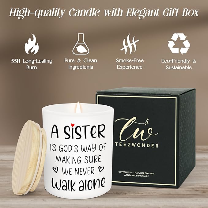 TEEZWONDER Mothers Day Gifts for Sister - A Sister Never Walk Alone Long Lasting Vanilla Lavender Candle 10 oz - Sister Mothers Day Gift Ideas, Christian Birthday Gifts for Women Sisters