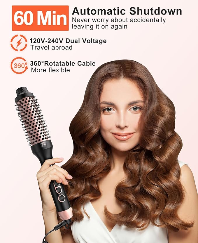Nimmu Thermal Brush for Blowout Look, 1.5 inch Heated Round Brushes Curling Iron with 10 Temperature Control, Hot Brush Styler Dual Voltage for Travel, Rose Gold