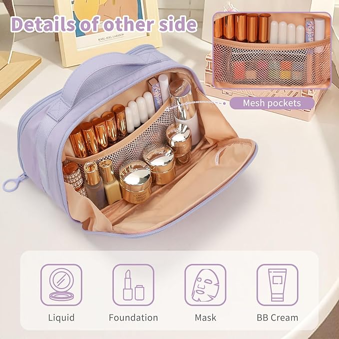 OCHEAL Travel Makeup Bag - Wide Open Cosmetic Bag for Women Make up with Two Compartments, Portable Lightweight Roomy Organizer Toiletry Bag for Girls Skincare tools Accessories-Purple