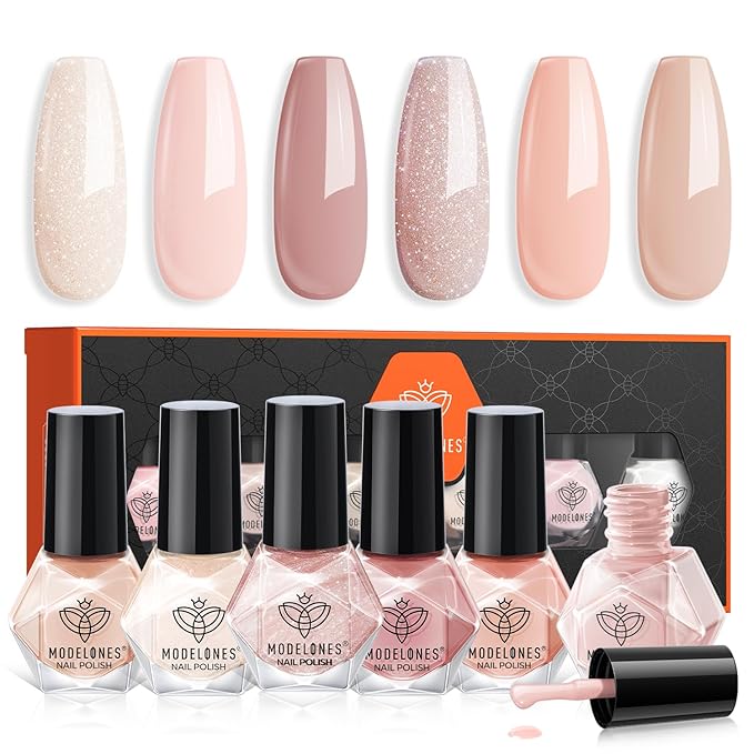 MODELONES Nail Polish Set, 6 Colors Natural Nude Nail Polish Bubble Bath Quick Dry Skin Tone Glitter Spring Summer Nail Polish Kit Fingernail Polish Nail Art Salon Home Easter Gifts For Women Girl