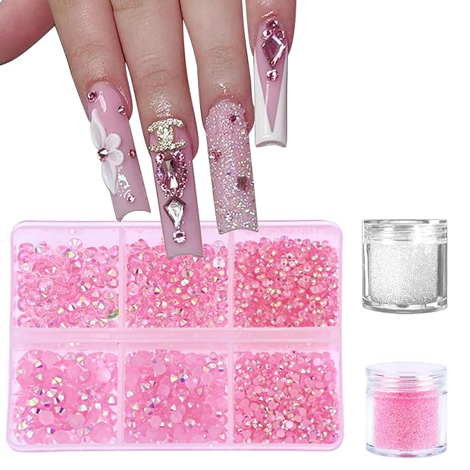 3 Boxes Nail Art Rhinestones Pink Nail Charms 2mm-4mm Resin Clear Jelly Rhinestones Pearls Glitters Nail Art Supplies Crystal Gems Bubble Beads Nail Accessories for Women Nail Decorations Design.