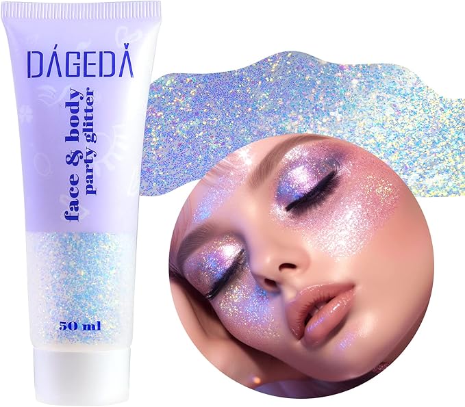 DAGEDA Body Glitter Gel, Holographic Face Glitters Body Gel Shimmer Liquid Eyeshadow, Color Changing Glitter for Face Hair Nails, Glitter Under Light Festival Glitter Makeup 1.7oz (Galaxy Blue)