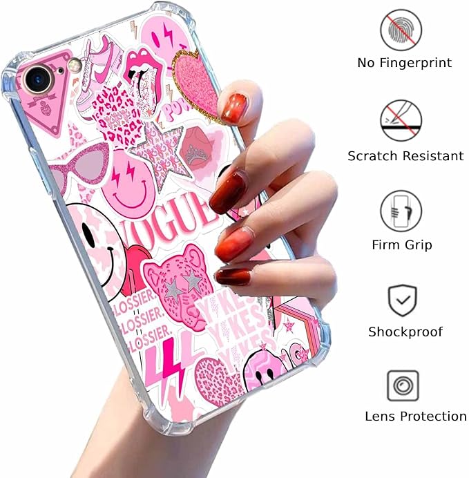 Case for iPhone SE3/SE2/8/7 with Pink Design,Aesthetic Hippie Indie Popular Elements Pattern,Shockproof Soft TPU Bumper Phone Cover(SE,Pink)