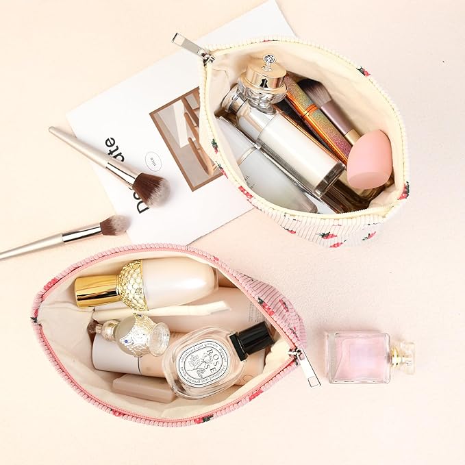 2 Pcs Cute Makeup Bag Large Cosmetic Bag Toiletry Bag Makeup Pouch Travel Bag Organizer Cute Makeup Brushes Aesthetic Accessories Storage Bag for Women Strawberry Pink Beige