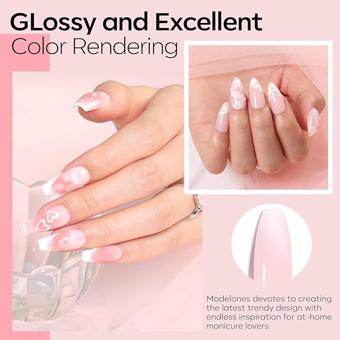 modelones Gel Nail Polish Set, 2 PCS 15 ML French Manicure White Pink Jelly Gel Polish Soak off U V LED Gel French Tip Gel Polish Spring Nails Art Manicure Home Gift For Women Girl