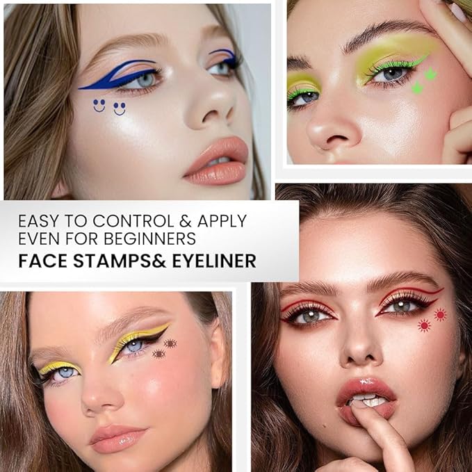 7Pcs Colored Liquid Eyeliners with Face Stamps – Black Brown Purple Blue Red Pink Green Star Flower Heart Moon Triangle Stamps for Cosplay & Gothic Makeup – Beginner-Friendly (multicolor-7Pcs-set02)