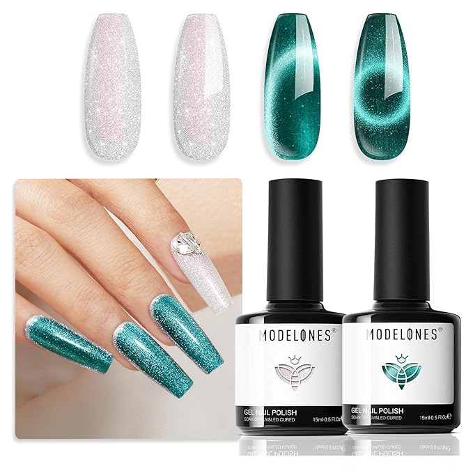 modelones Gel Nail Polish Set 2 PCS 15ML White Green Cat Eye Gel Nail Polish Glitter Holographic Shimmer 9D Cat Eye Gel Polish With Magnet Soak Off Led Nail Art Gel DIY Salon Gift For Women Girl