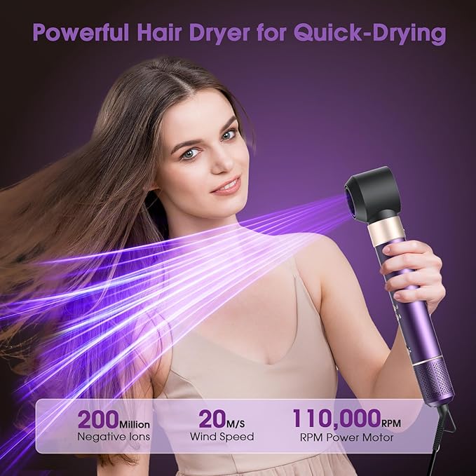 7 in 1 Blow Dryer Brush and Hair Dryer, Hot Hair Styler with Negative Ion 110,000 RPM Hair Straightener Brush for Fast Drying Straightening Curling Voluming, Suitable for All Types,Purple