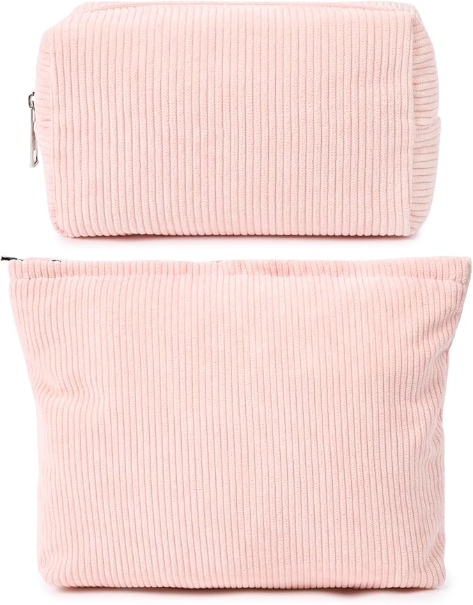 2 Pieces Makeup Bag Large Corduroy Cosmetic Bag Capacity Canvas Mix Travel Toiletry Bag Organizer Cute Makeup Brushes Aesthetic Accessories Storage Bag for Women, Corduroy Mix Pink