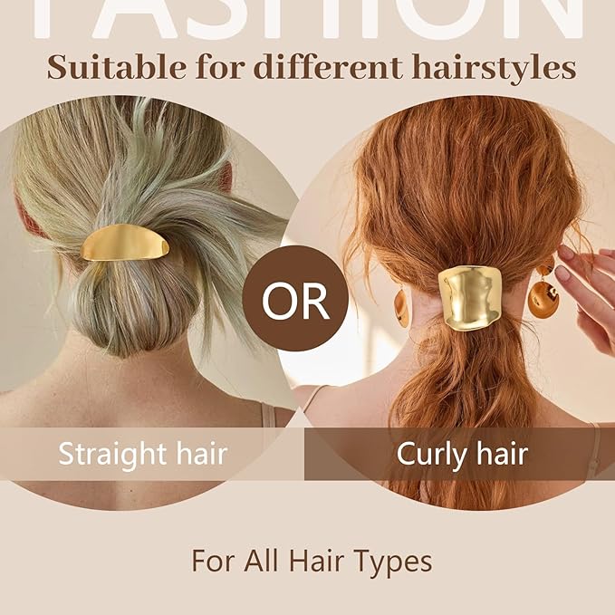 3PCS Gold Hair Ties, Metal Hair Ties for Thick Hair, Elegant Durable Geometric Design Hair Cuffs, Gold Hair Accessories Stretchy and Non-Damage Ponytail Holders 3 Style