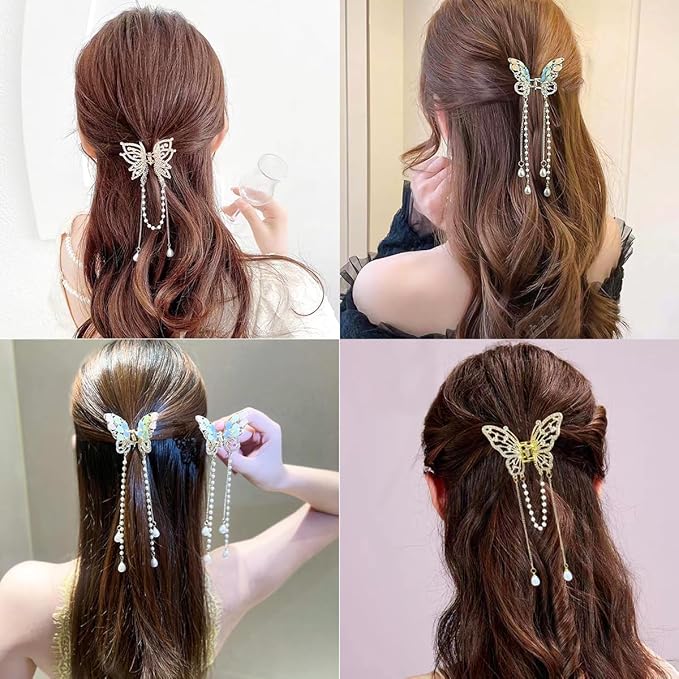 3 Pieces Butterfly Hair Claw Clip With Tassel and Rhinestone - Metal Non-Slip Hair Clamps - Exquisite Styling Accessories for Women and Girls