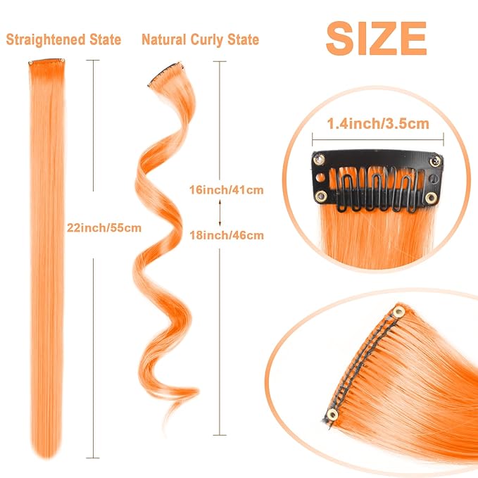 10 PCS Orange Clip-in Curly Wavy Synthetic Hair Extensions, Rainbow Neon Party Highlights, Colorful Hair Accessories for Kids, Girls, Women, 17 Inch