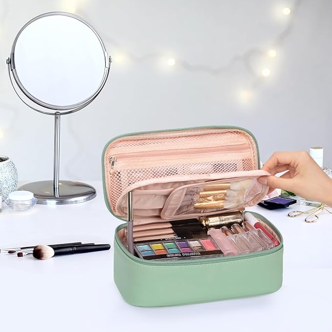 OCHEAL Small Makeup Bag,Portable Cute Travel Makeup Bag Pouch for Women Girls Makeup Brush Organizer Cosmetics Bags with Compartment-Light Green