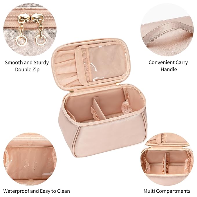 OCHEAL Large Makeup Bag, Makeup Bag Organizer Cosmetic Bags for Women Travel Travel Toiletry Bag Make Up Bag with Divider and Handle for Cosmetics Toiletries Brushes Tools Storage -Rose Gold