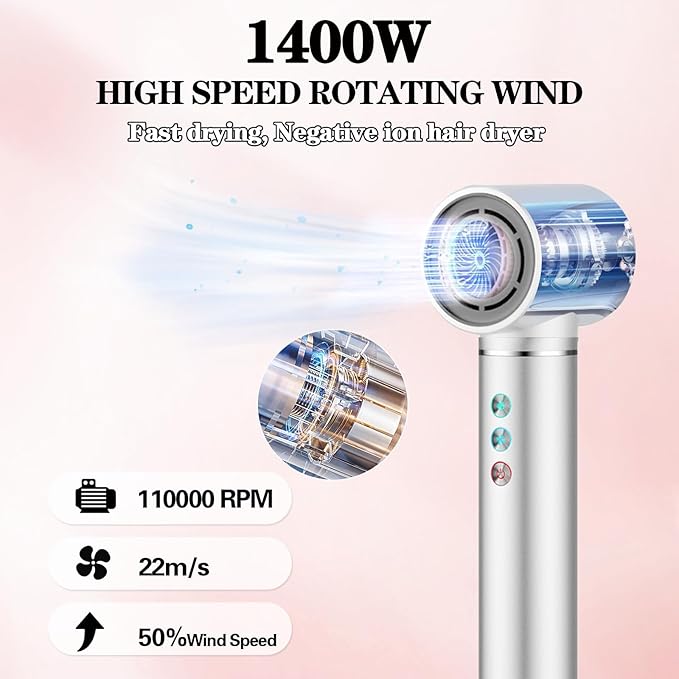 5 in 1 Hot air Blow Dryer Brush Hair Dryer Curling Wand Volumizing Brush Straightening Brush Blow Dryer Brush - Rapid Drying, Volume Boost, Ionic Smoothing, 110k RPM Motor(White)