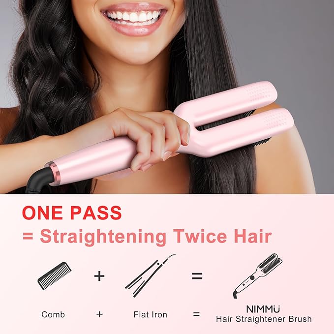 Nimmu Hair Straightener Brush, Hair Straightening Brush Flat Iron for Women with 5 Temps, Ceramic Straightener Comb Fast Heating for Home Salon, Double Heating Plate & Dual Voltage, Pink
